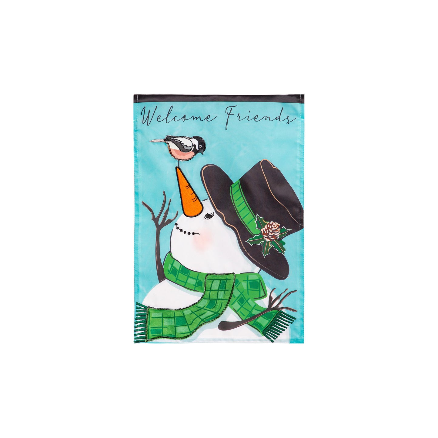 SNOWMAN&CHICKADEE APPLIQUE GARDEN FLAG