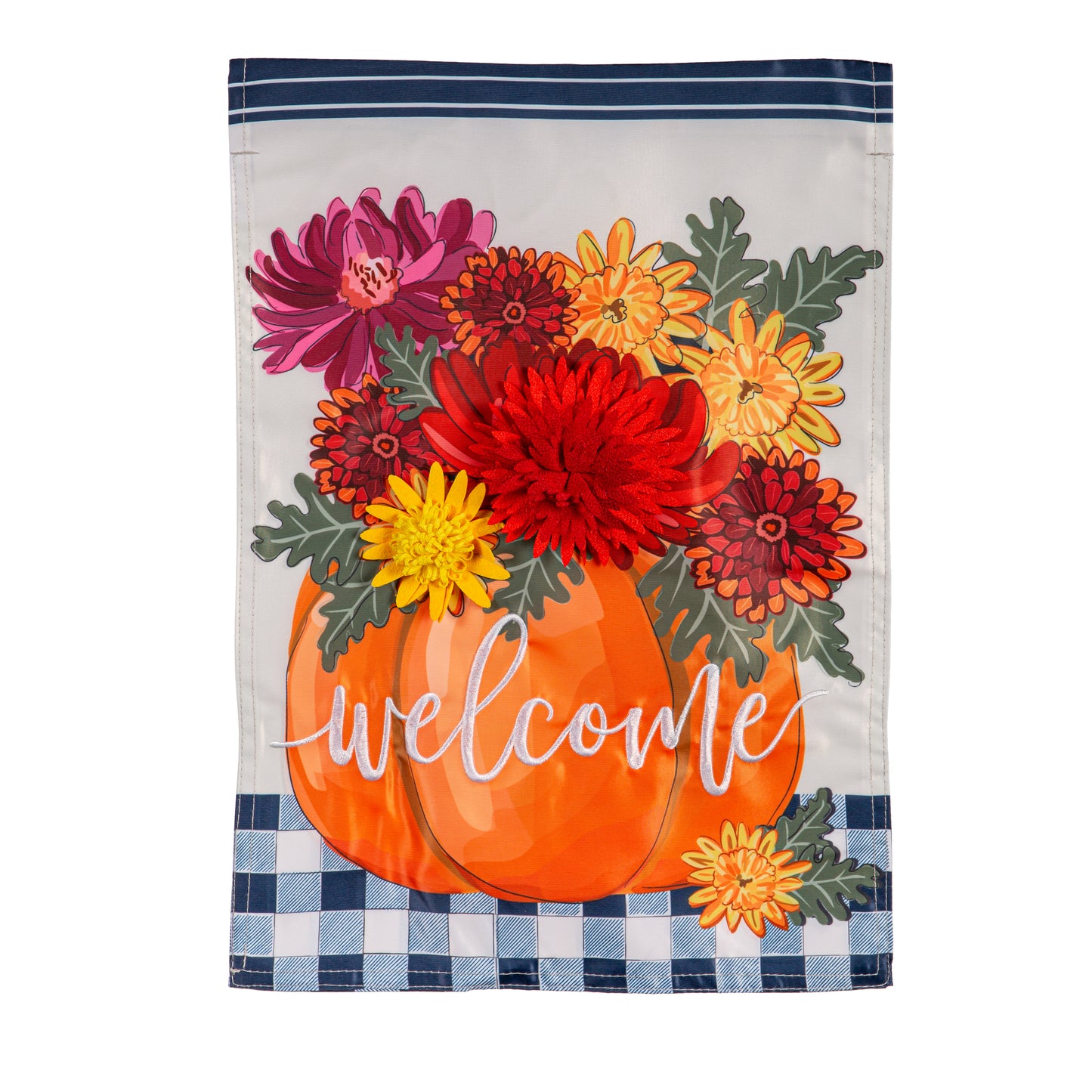 MUMS & PUMPKINS APPLIQUE GARDEN FLAG