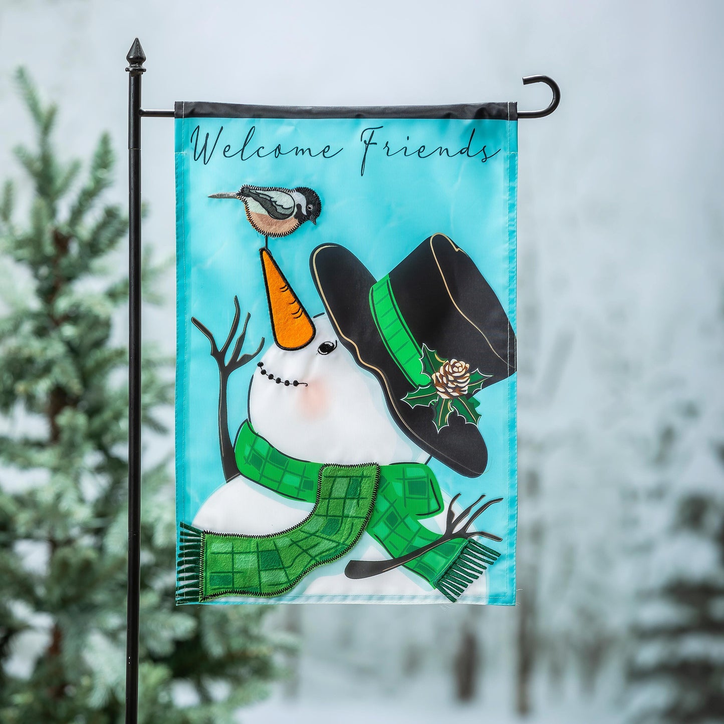 SNOWMAN&CHICKADEE APPLIQUE GARDEN FLAG