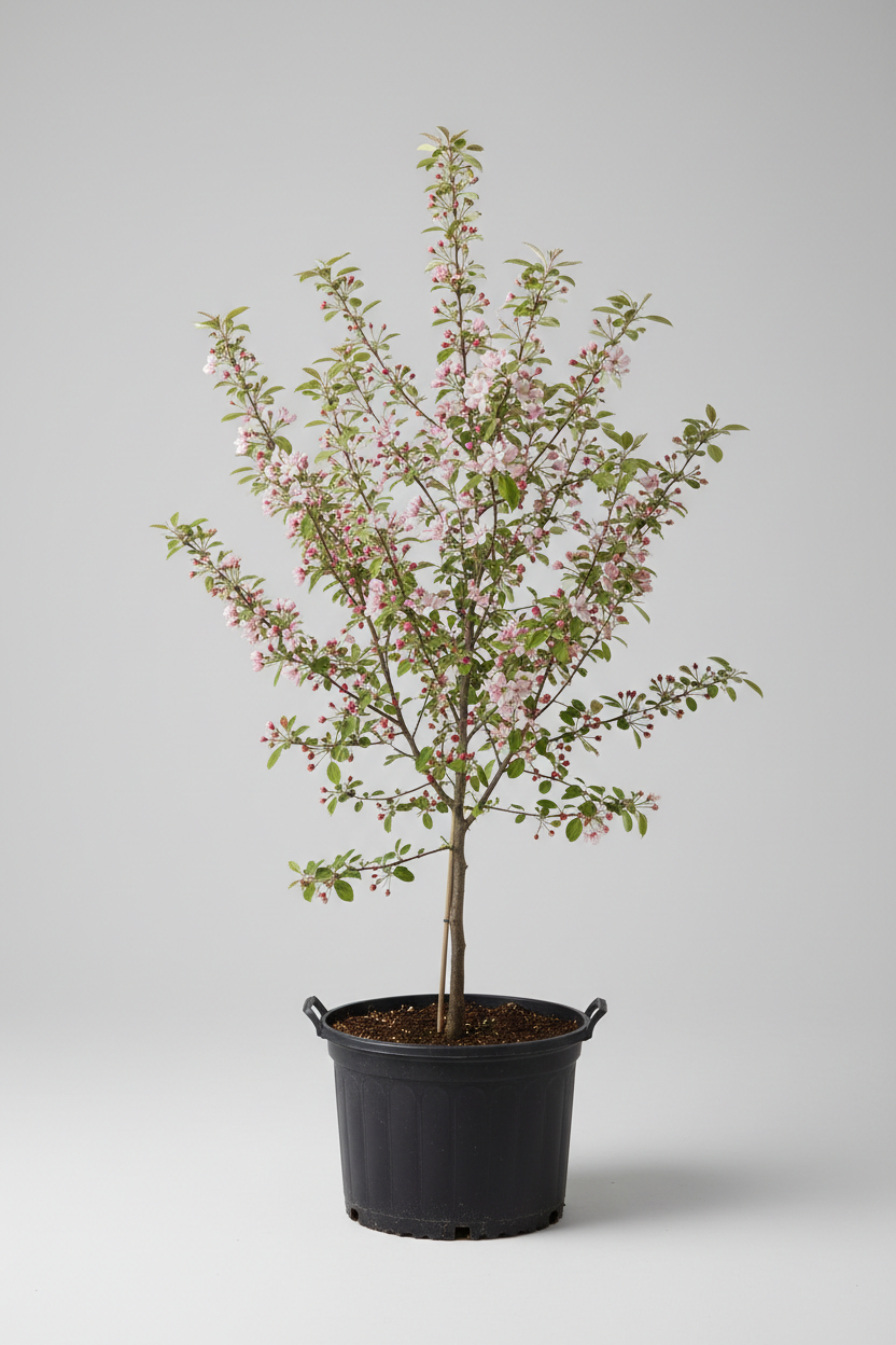 A potted flowering tree with delicate pink blossoms and green leaves, planted in a black nursery pot, photographed against a neutral light gray studio background.